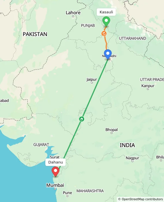 Route map showing distance and travel time from Kasauli, India to Dahanu, India