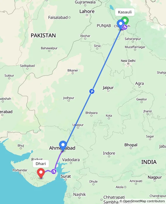 Route map showing distance and travel time from Kasauli, India to Dhari, India