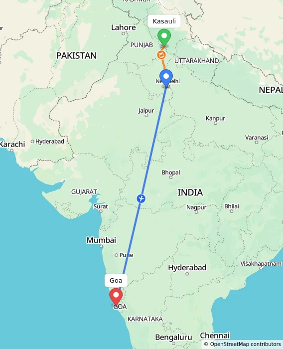 Route map showing distance and travel time from Kasauli, India to Goa, India