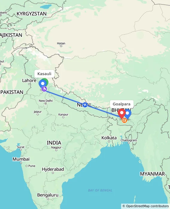Route map showing distance and travel time from Kasauli, India to Goalpara, India