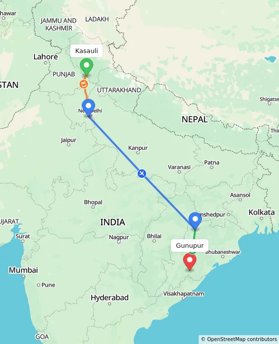 Route map showing distance and travel time from Kasauli, India to Gunupur, India