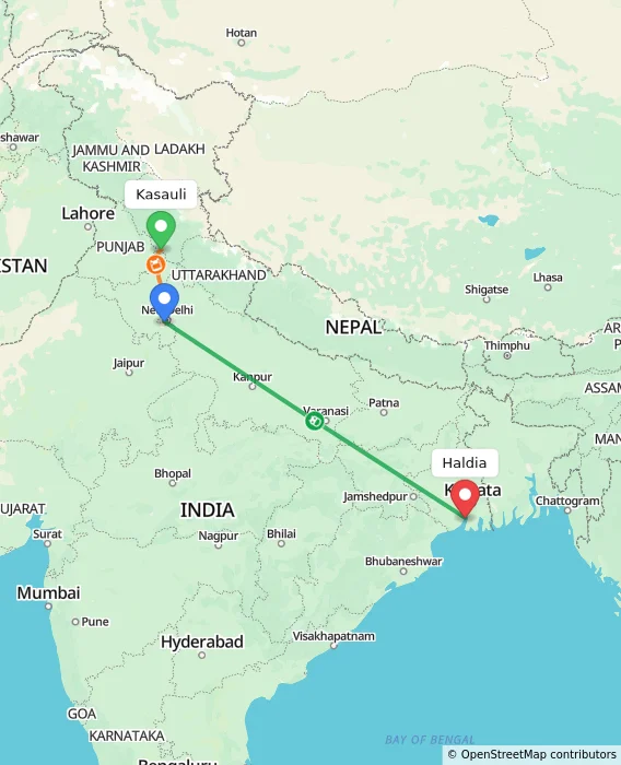 Route map showing distance and travel time from Kasauli, India to Haldia, India