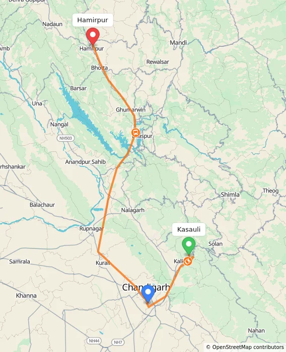 Route map showing distance and travel time from Kasauli, India to Hamirpur, India