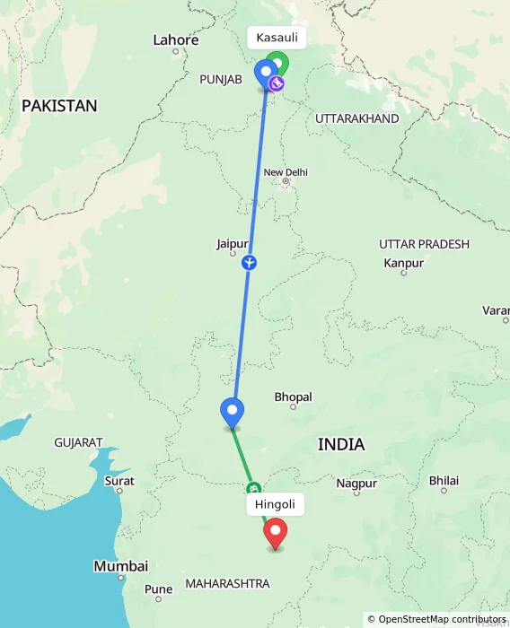 Route map showing distance and travel time from Kasauli, India to Hingoli, India