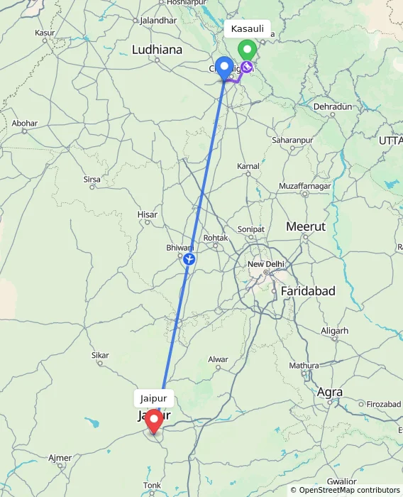 Route map showing distance and travel time from Kasauli, India to Jaipur, India