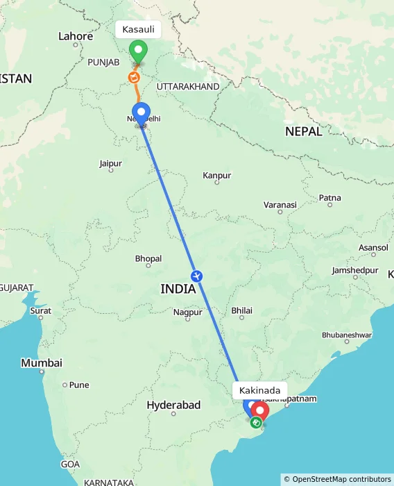 Route map showing distance and travel time from Kasauli, India to Kakinada, India