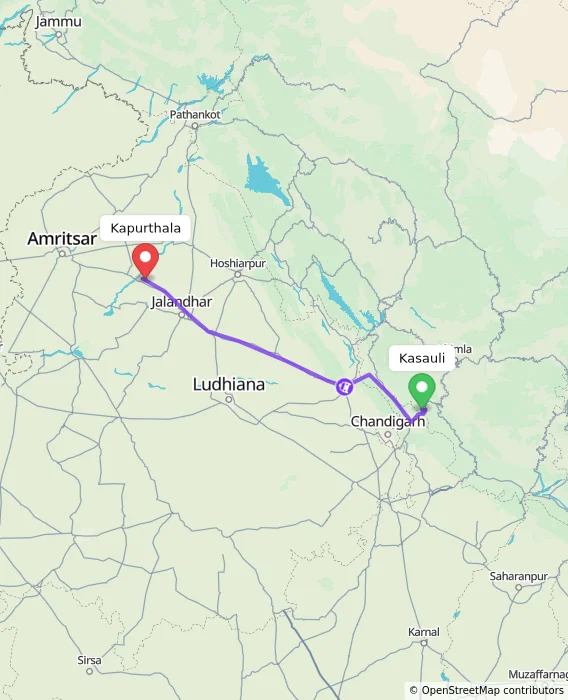 Route map showing distance and travel time from Kasauli, India to Kapurthala, India