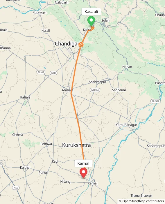 Route map showing distance and travel time from Kasauli, India to Karnal, India