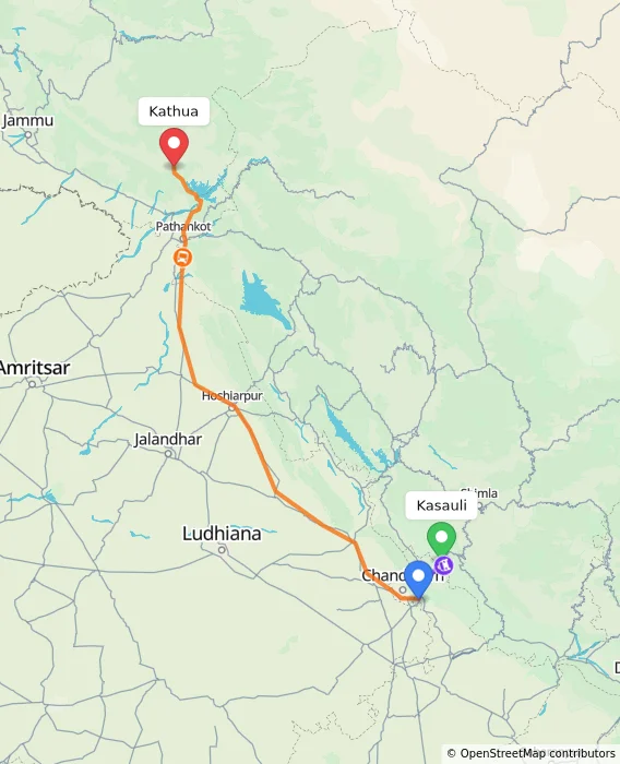 Route map showing distance and travel time from Kasauli, India to Kathua, India