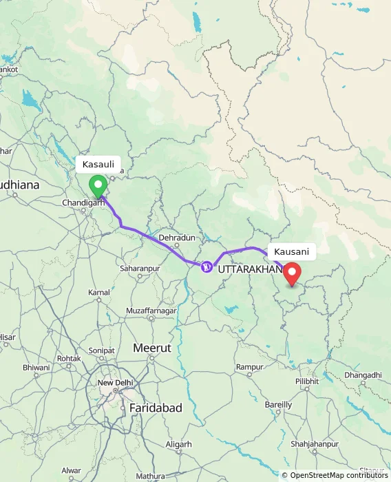 Route map showing distance and travel time from Kasauli, India to Kausani, India