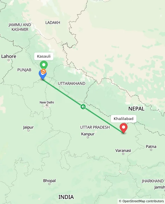 Route map showing distance and travel time from Kasauli, India to Khalilabad, India