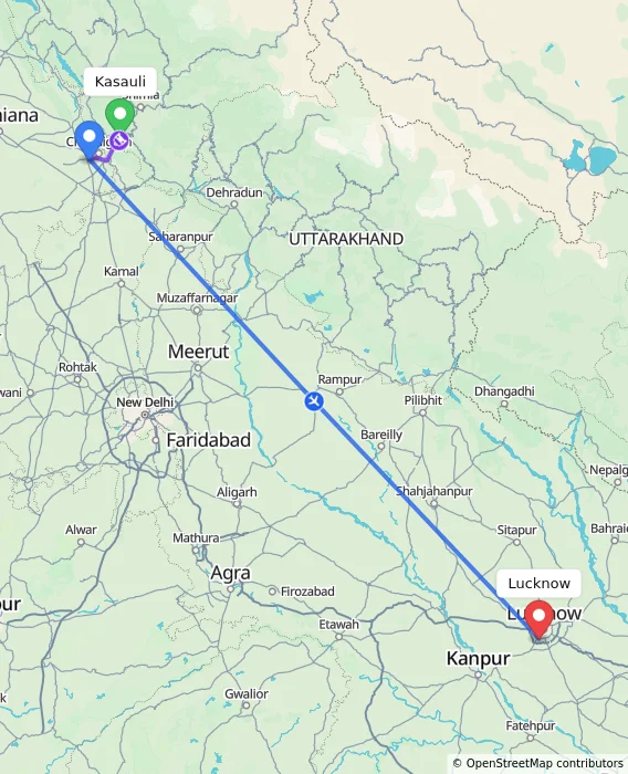 Route map showing distance and travel time from Kasauli, India to Lucknow, India