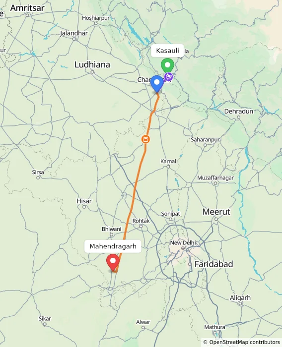 Route map showing distance and travel time from Kasauli, India to Mahendragarh, India