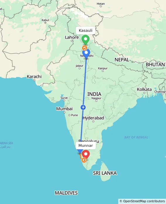 Route map showing distance and travel time from Kasauli, India to Munnar, India