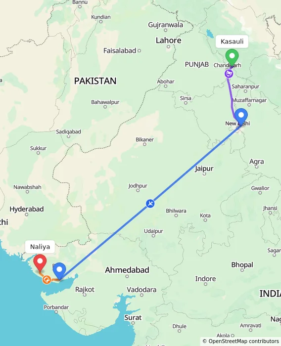 Route map showing distance and travel time from Kasauli, India to Naliya, India