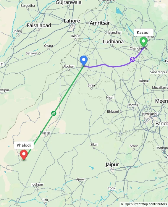 Route map showing distance and travel time from Kasauli, India to Phalodi, India