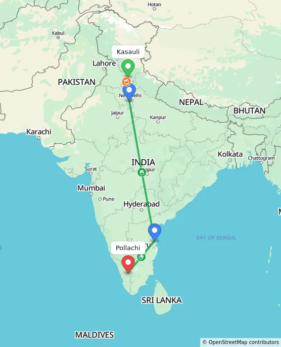Route map showing distance and travel time from Kasauli, India to Pollachi, India