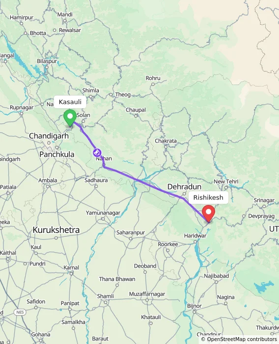 Route map showing distance and travel time from Kasauli, India to Rishikesh, India