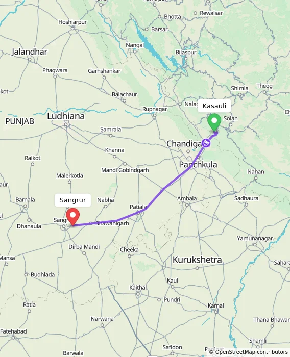 Route map showing distance and travel time from Kasauli, India to Sangrur, India