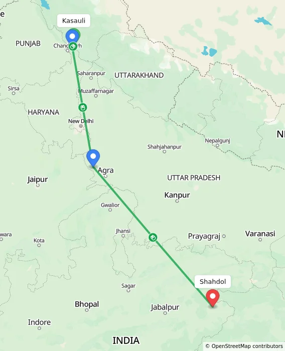Route map showing distance and travel time from Kasauli, India to Shahdol, India