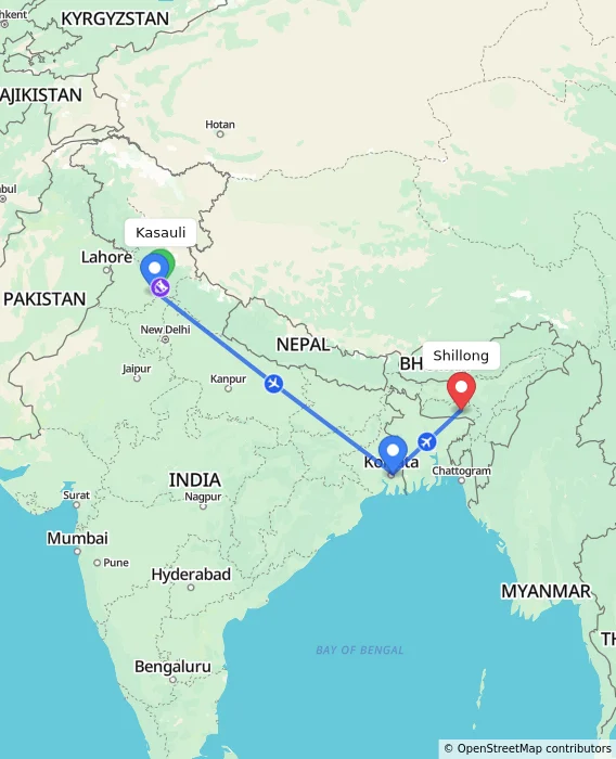 Route map showing distance and travel time from Kasauli, India to Shillong, India