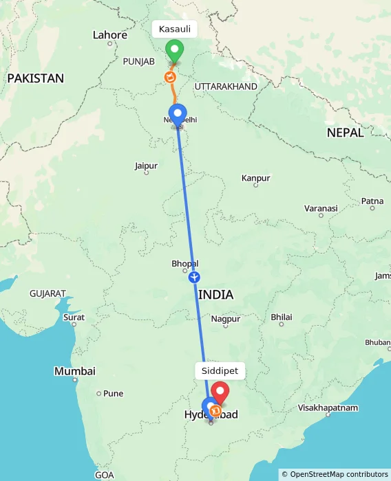 Route map showing distance and travel time from Kasauli, India to Siddipet, India