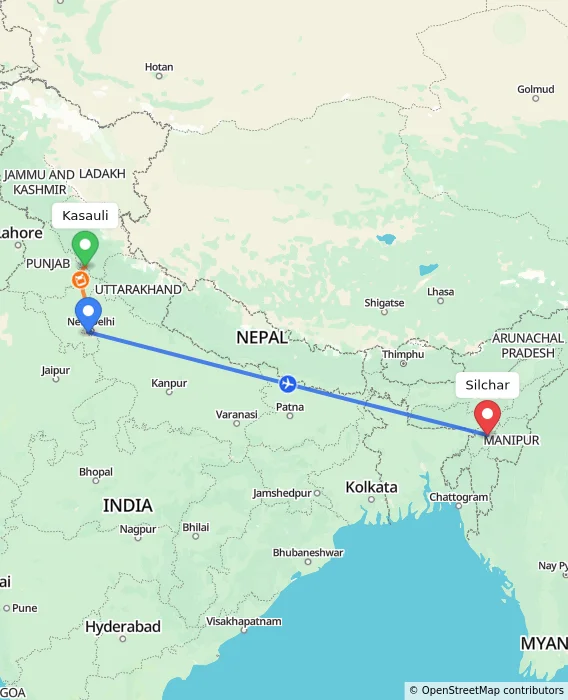 Route map showing distance and travel time from Kasauli, India to Silchar, India