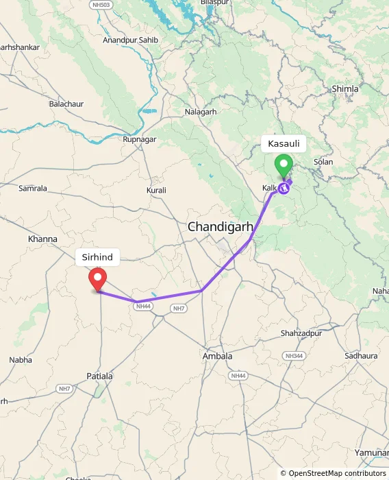 Route map showing distance and travel time from Kasauli, India to Sirhind, India
