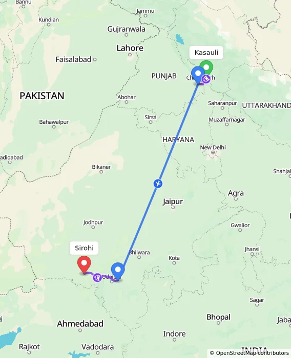 Route map showing distance and travel time from Kasauli, India to Sirohi, India