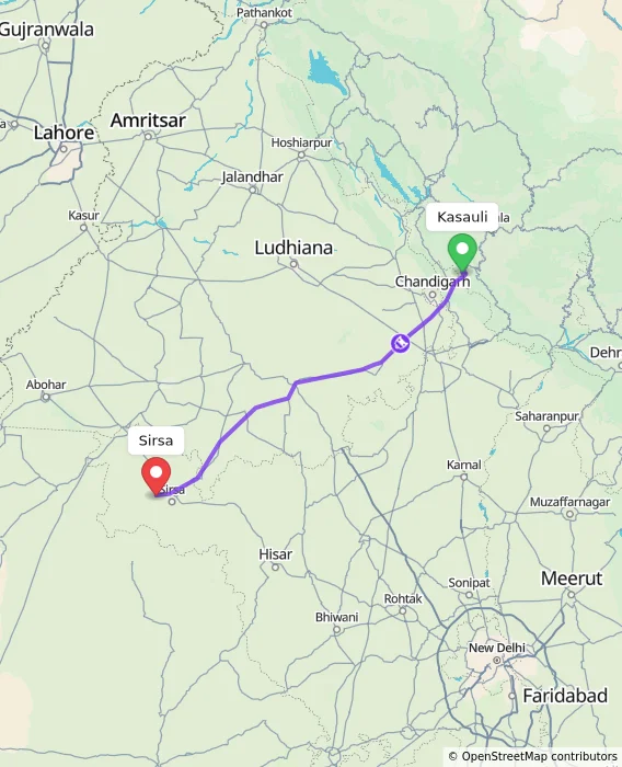 Route map showing distance and travel time from Kasauli, India to Sirsa, India