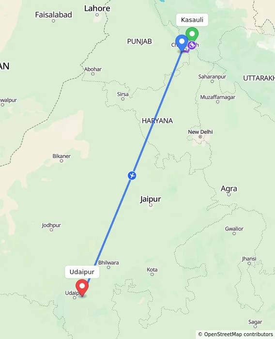 Route map showing distance and travel time from Kasauli, India to Udaipur, India