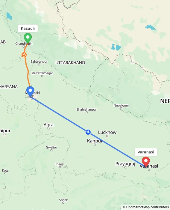 Route map showing distance and travel time from Kasauli, India to Varanasi, India