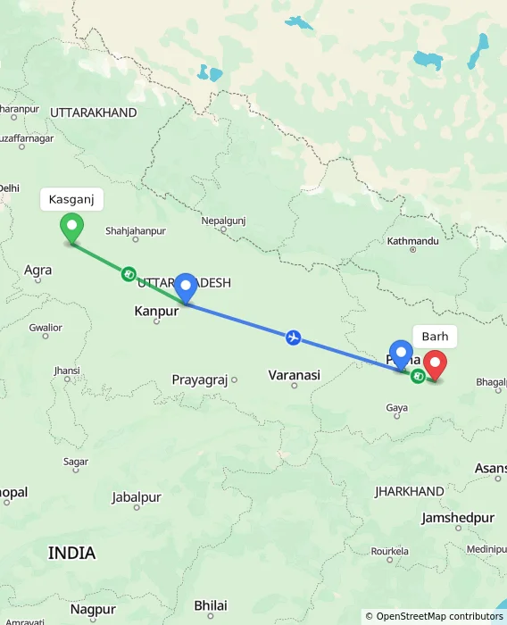 Route map showing distance and travel time from Kasganj, India to Barh, India