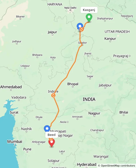 Route map showing distance and travel time from Kasganj, India to Beed, India