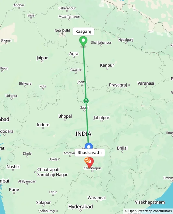 Route map showing distance and travel time from Kasganj, India to Bhadravathi, India