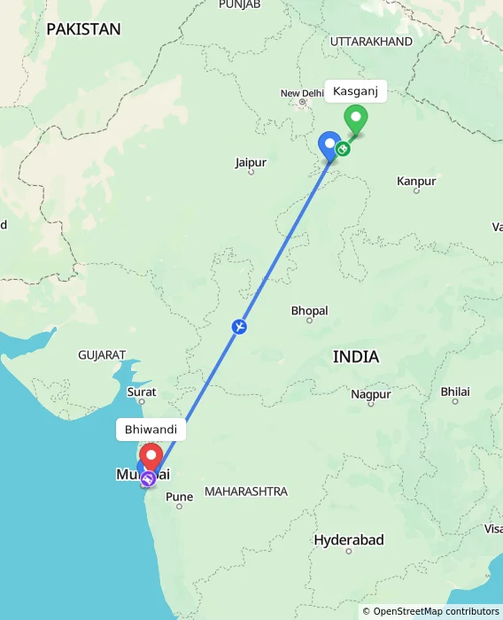 Route map showing distance and travel time from Kasganj, India to Bhiwandi, India