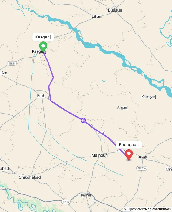 Route map showing distance and travel time from Kasganj, India to Bhongaon, India