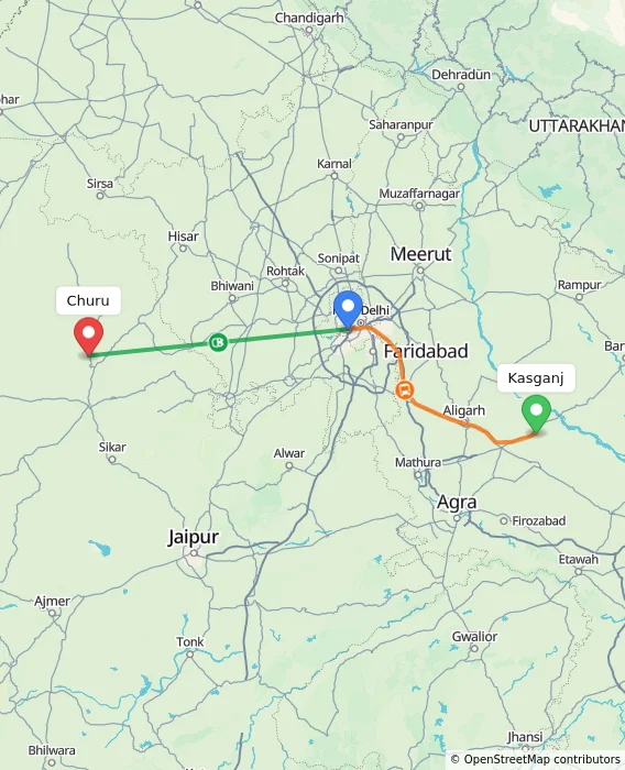 Route map showing distance and travel time from Kasganj, India to Churu, India