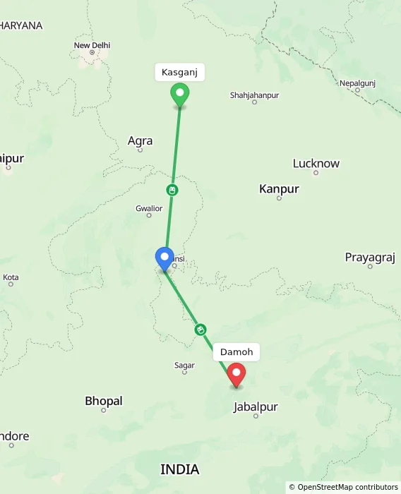 Route map showing distance and travel time from Kasganj, India to Damoh, India