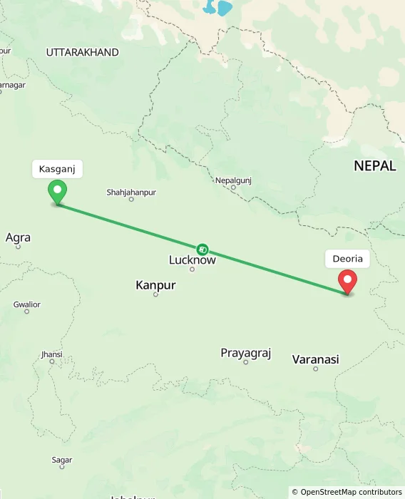 Route map showing distance and travel time from Kasganj, India to Deoria, India