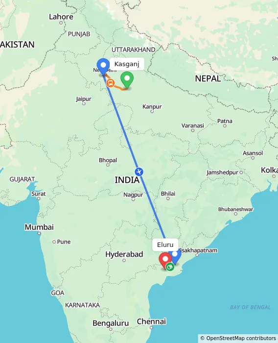 Route map showing distance and travel time from Kasganj, India to Eluru, India