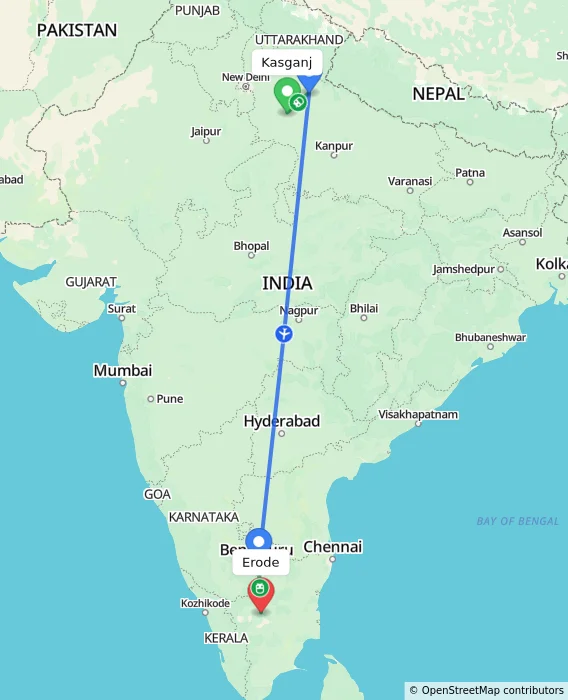 Route map showing distance and travel time from Kasganj, India to Erode, India