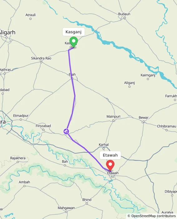 Route map showing distance and travel time from Kasganj, India to Etawah, India