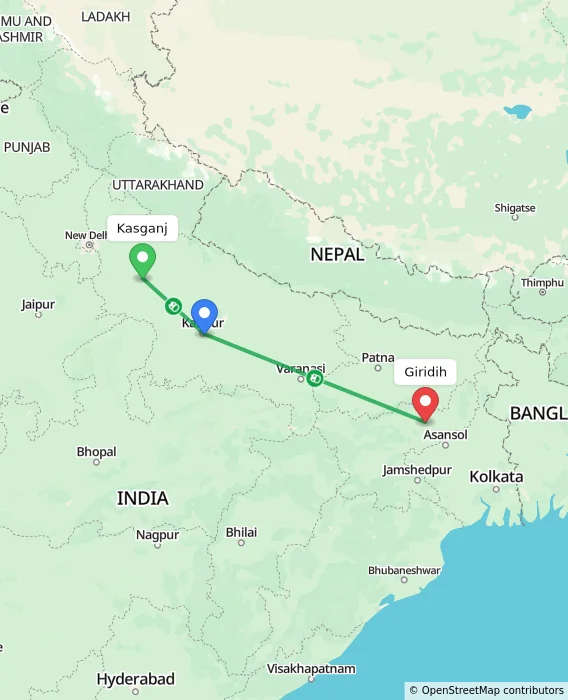 Route map showing distance and travel time from Kasganj, India to Giridih, India