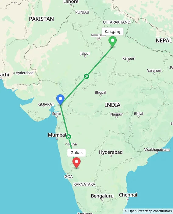 Route map showing distance and travel time from Kasganj, India to Gokak, India