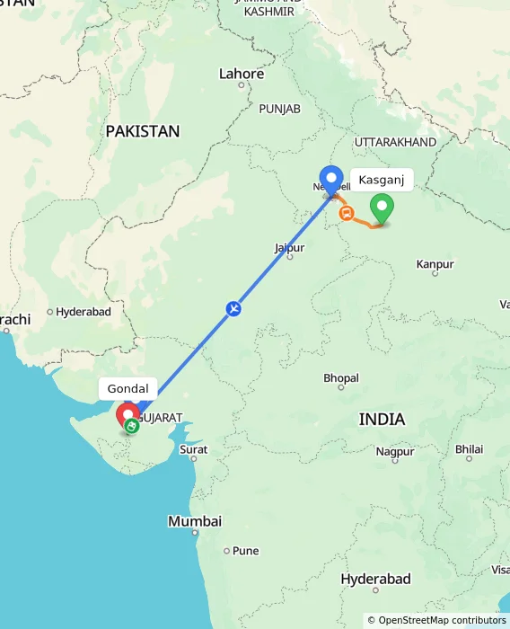 Route map showing distance and travel time from Kasganj, India to Gondal, India