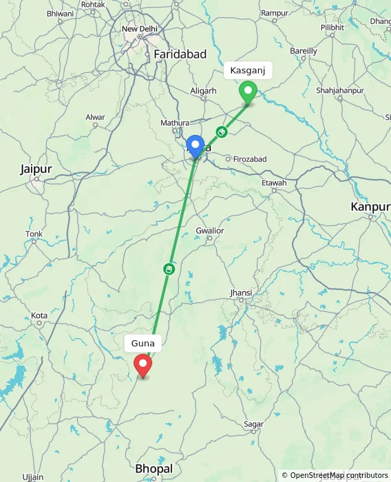 Route map showing distance and travel time from Kasganj, India to Guna, India