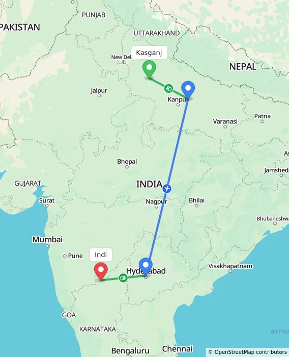 Route map showing distance and travel time from Kasganj, India to Indi, India