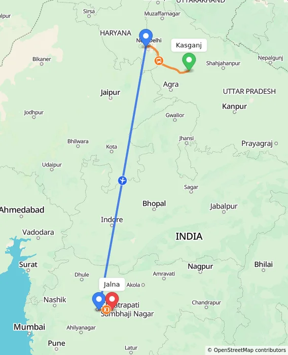 Route map showing distance and travel time from Kasganj, India to Jalna, India
