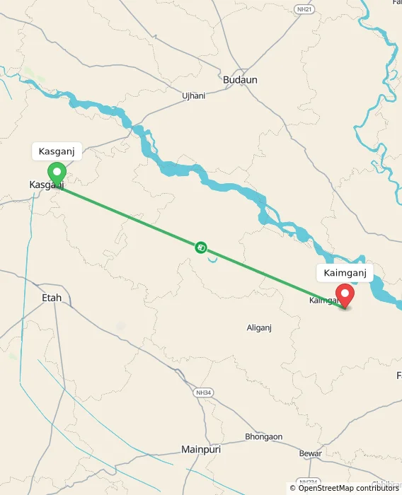Route map showing distance and travel time from Kasganj, India to Kaimganj, India